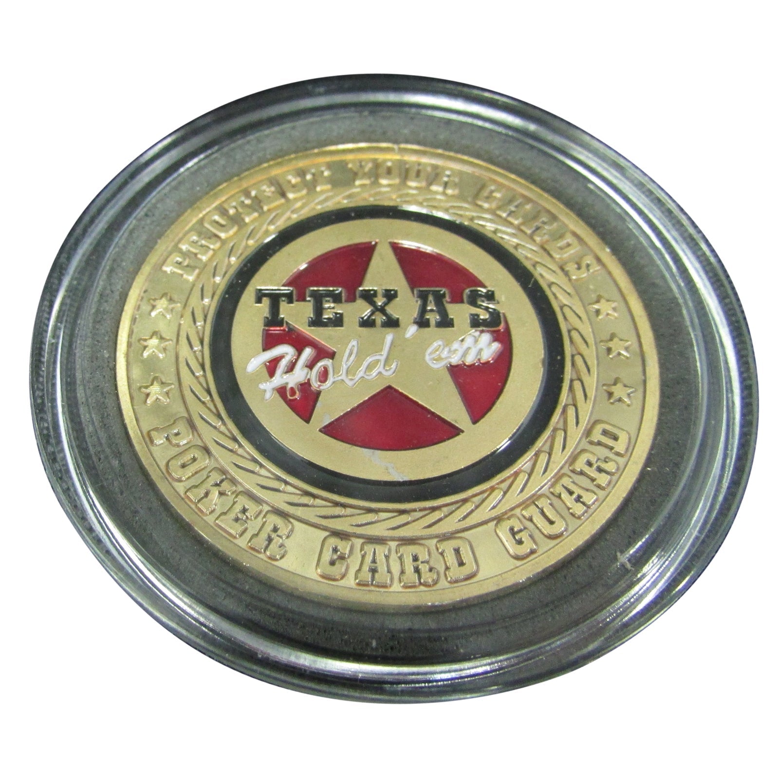 Protège-cartes Poker Las Vegas – Plaqué Or – Bronze Massif 30g – Diamètre 40mm – Porte-bonheur – Coffret Acrylique