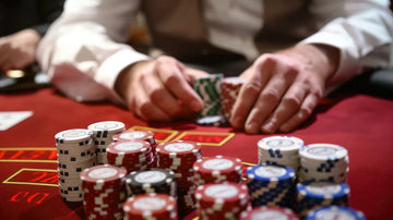 Monte Carlo Poker Chips stacked on poker table from MRC Poker Canada collection