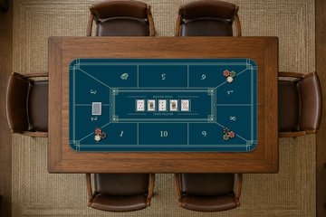 MRC Poker Navy Texas Hold’em poker mat on a wooden dining table, set up with playing cards and poker chips for a home game.
