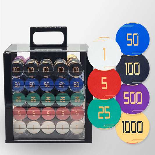 1000 PCS Golden Club Ceramic Poker Chips Set with Acrylic Case