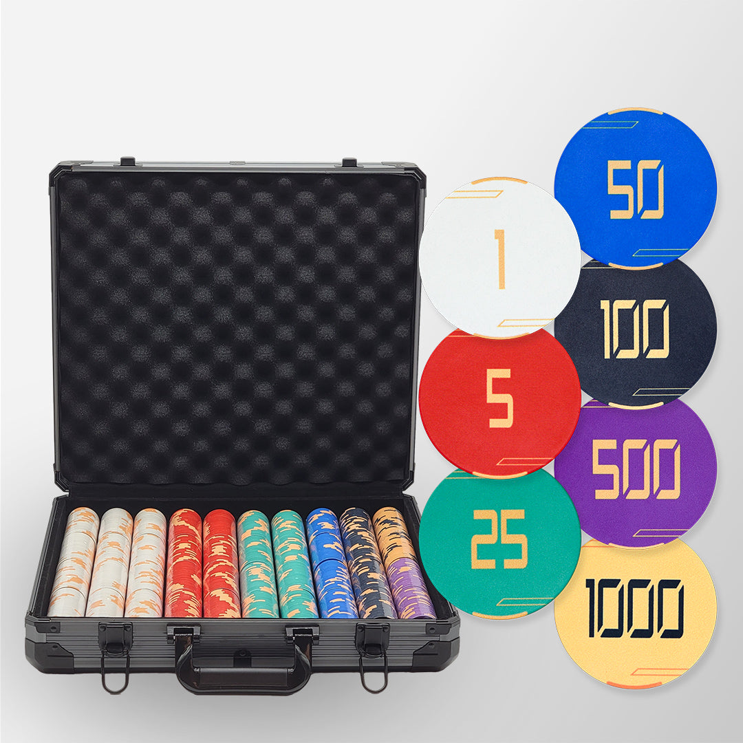1000 PCS Golden Club Ceramic Poker Chips Set with Black Aluminum Case MRCpoker