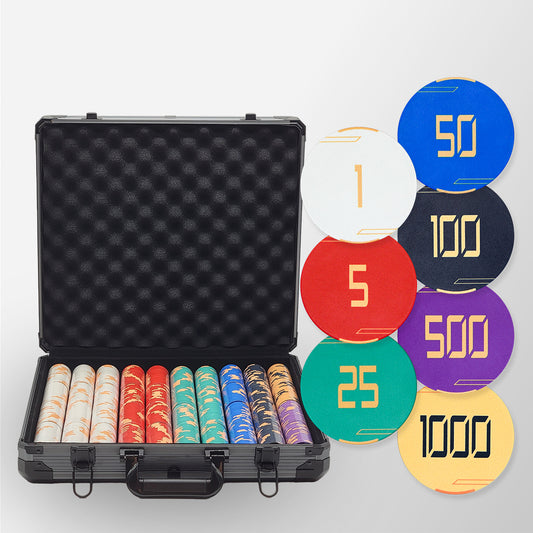 1000 PCS Golden Club Ceramic Poker Chips Set with Black Aluminum Case