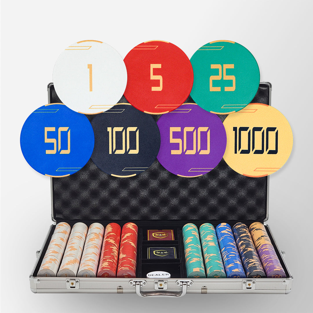 1000 PCS Golden Club Ceramic Poker Chips Set with Silver Aluminum Case MRCpoker