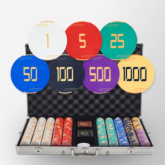 1000 PCS Golden Club Ceramic Poker Chips Set with Silver Aluminum Case