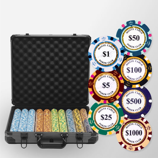 1000 PCS 14g Monte Carlo Poker Club Poker Chips Set with Black Aluminum Case