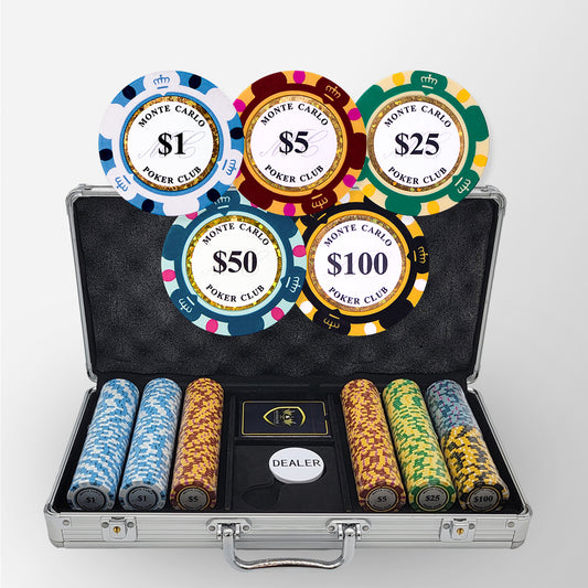 300PCS 14g Monte Carlo Poker Club Poker Chips Set with Silver Aluminum Case