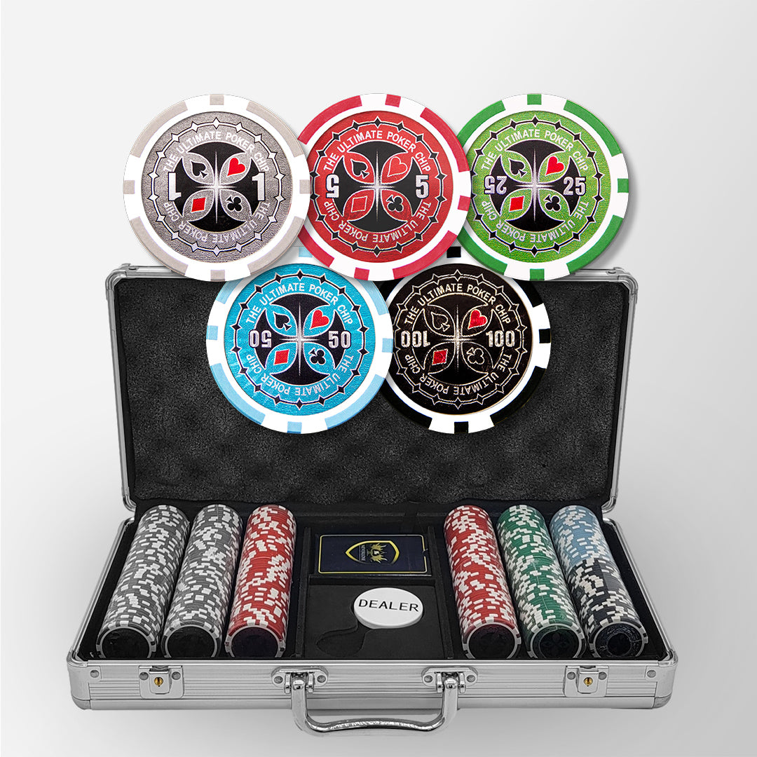300 PCS 14g Laser Graphic Ultimate Poker Chips Set with Silver Aluminum Case MRCpoker