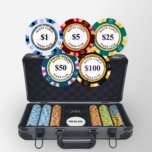 300PCS 14g Monte Carlo Poker Club Poker Chips Set with Black Aluminum Case