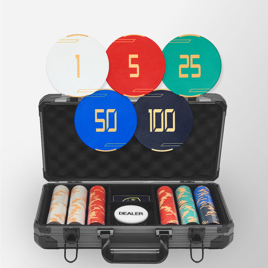 300 PCS Golden Club Ceramic Poker Chips Set with Black Aluminum Case