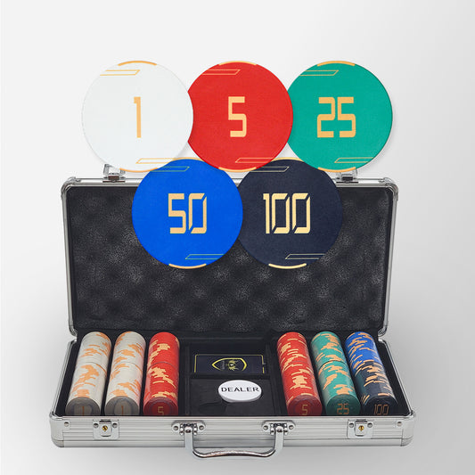 300 PCS Golden Club Ceramic Poker Chips Set with Silver Aluminum Case