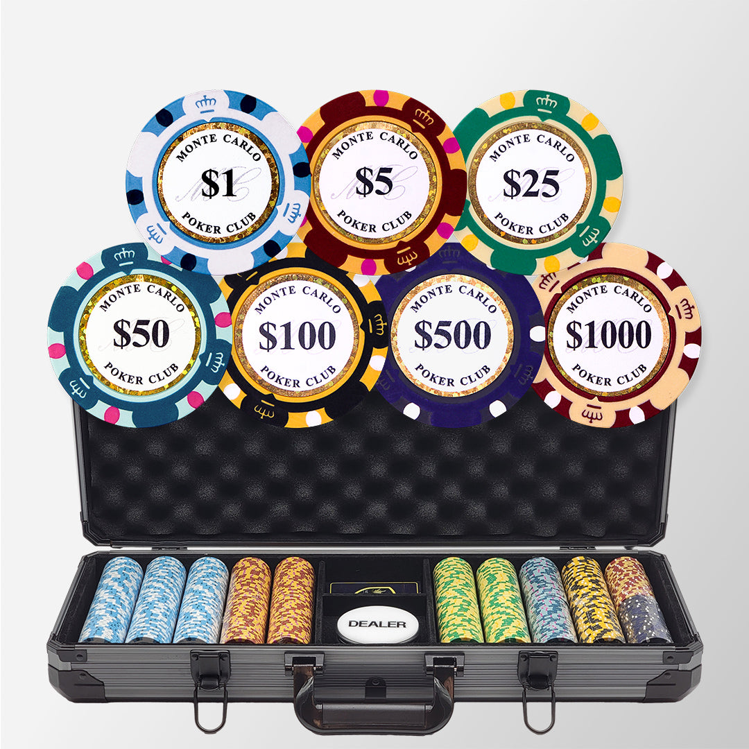 500PCS 14g Monte Carlo Poker Club Poker Chips Set with Black Aluminum Case MRCpoker