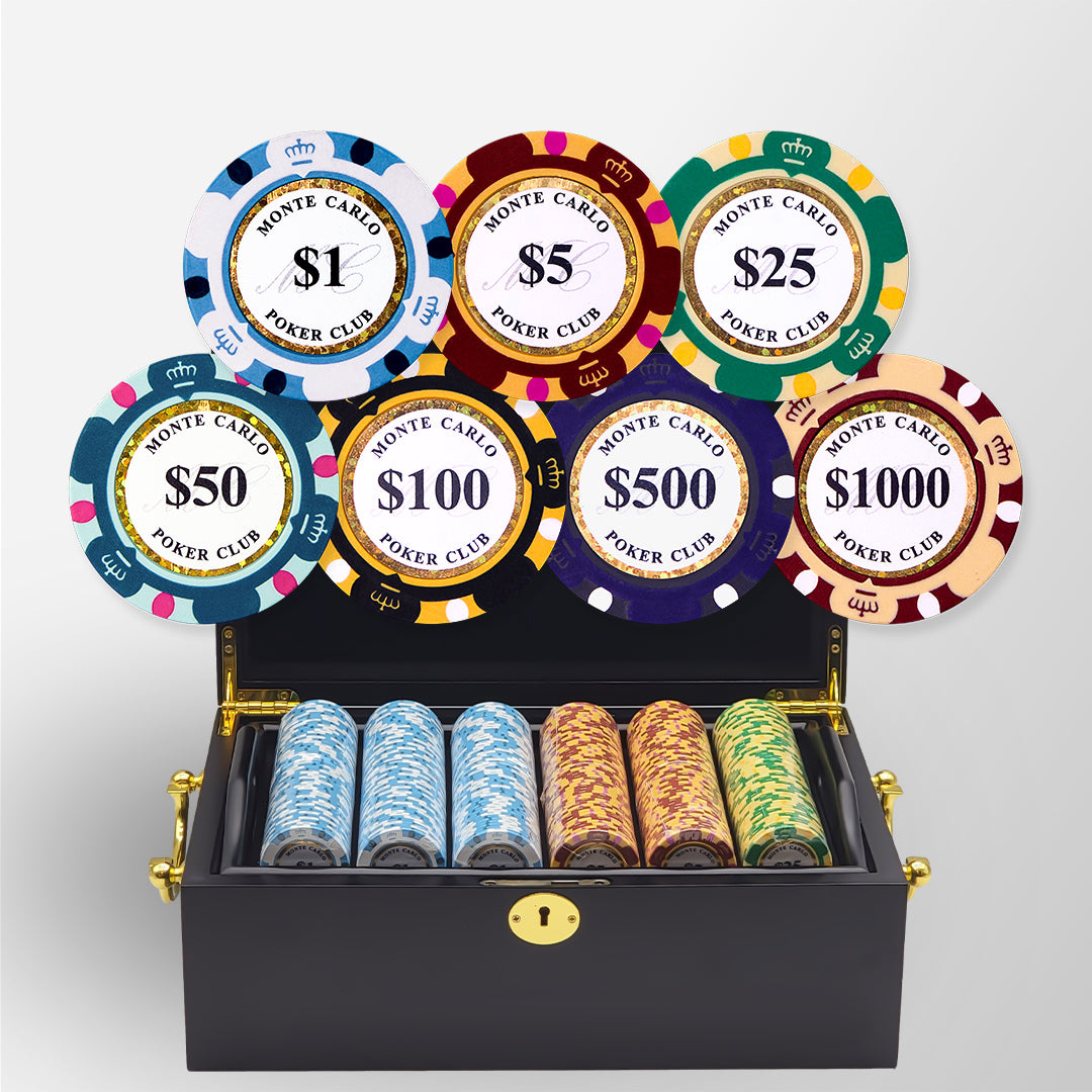 500PCS 14g Monte Carlo Poker Club Poker Chips Set with Mahogany Case MRCpoker