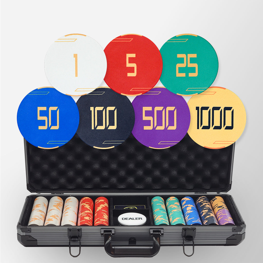 500 PCS Golden Club Ceramic Poker Chips Set with Black Aluminum Case MRCpoker