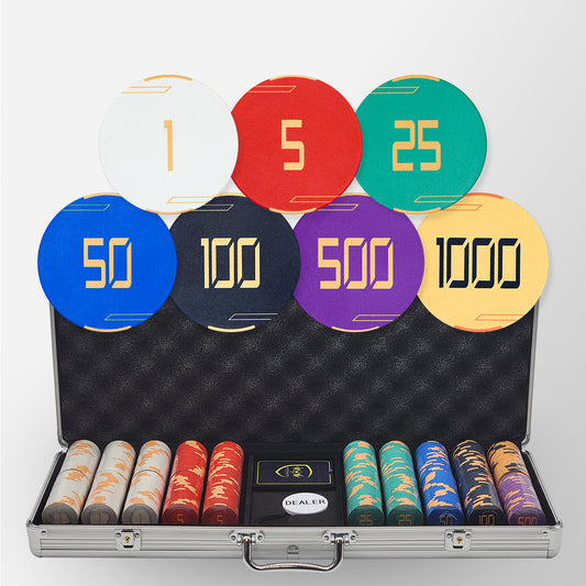 500 PCS Golden Club Ceramic Poker Chips Set with Silver Aluminum Case
