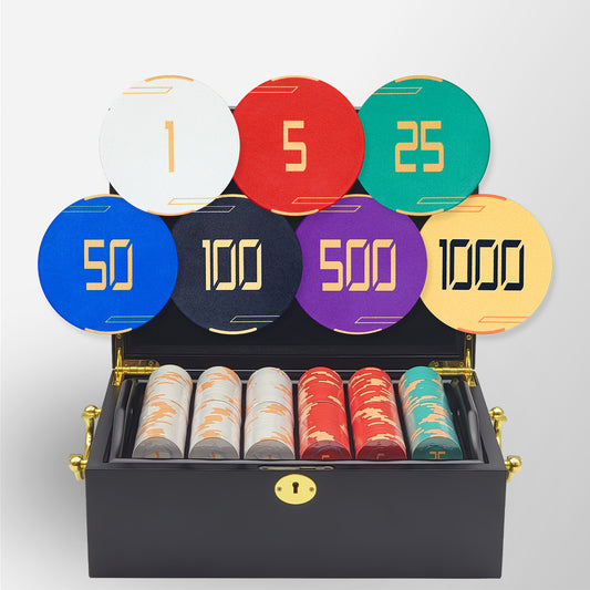 500 PCS Golden Club Ceramic Poker Chips Set with Mahogany Case