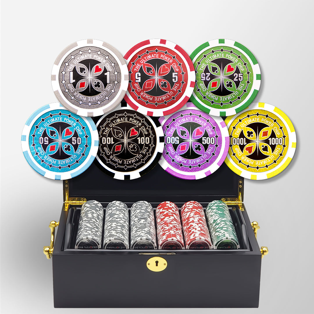 500 PCS 14g Laser Graphic Ultimate Poker Chips Set with Mahogany Case MRCpoker