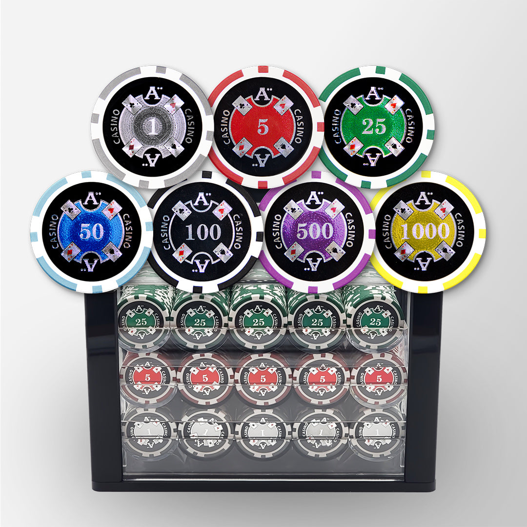 600 PCS 14g Laser Graphic Ace Casino Poker Set with High-end Acrylic Case and Chip Trays MRCpoker