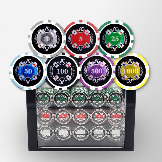 600 PCS 14g Laser Graphic Ace Casino Poker Set with High-end Acrylic Case and Chip Trays