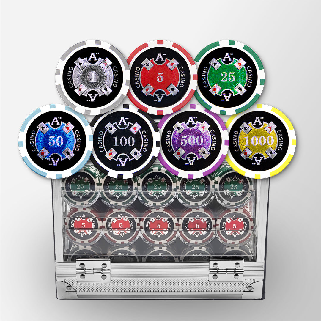 600 PCS 14g Laser Graphic Ace Casino Poker Set with Acrylic Case and Chip Trays MRCpoker