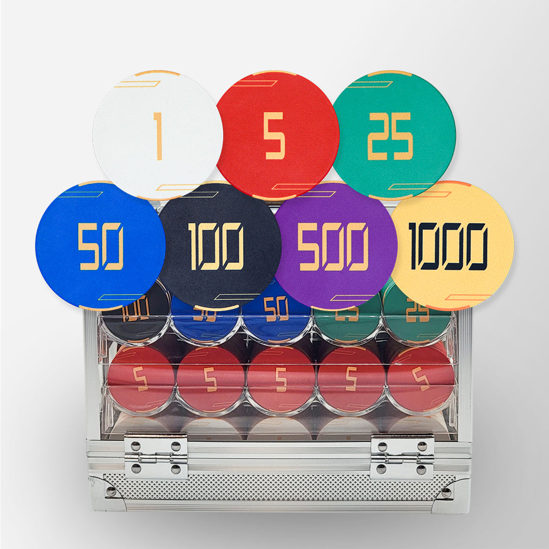 600 PCS Golden Club Ceramic Poker Chips Set with Acrylic Case MRCpoker