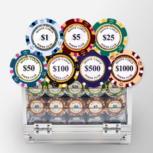 600 PCS 14g Monte Carlo Poker Club Poker Chips Set with Acrylic Case and Chip Trays