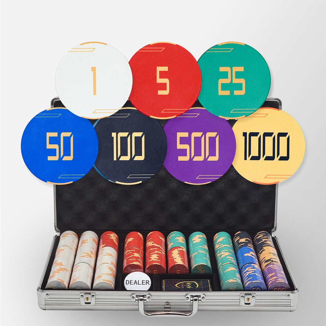 650 PCS Golden Club Ceramic Poker Chips Set with Silver Aluminum Case MRCpoker