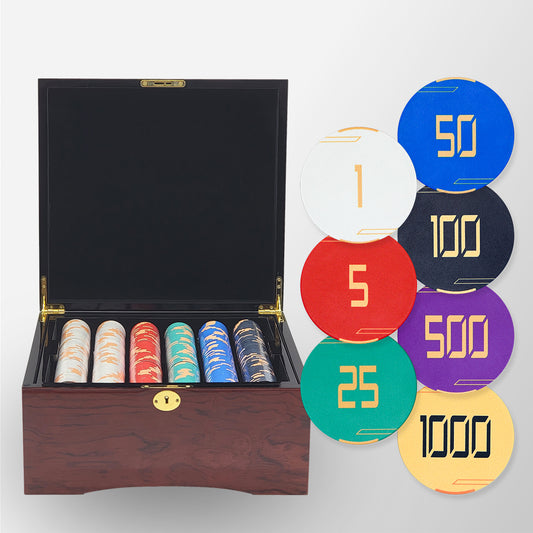 750 PCS Golden Club Ceramic Poker Chips Set with Mahogany Case