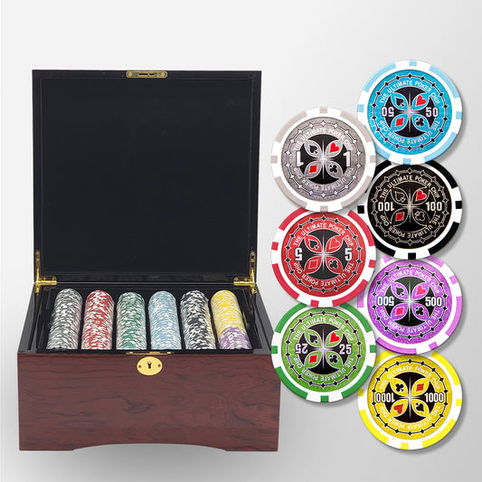 750 PCS 14g Laser Graphic Ultimate Poker Chips Set with Mahogany Case
