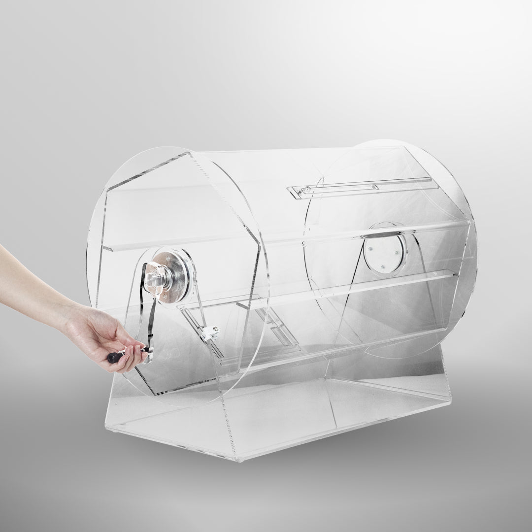 LARGE SIZE CLEAR ACRYLIC RAFFLE DRUM HOLDS UP TO 10,000 TICKETS MRCpoker
