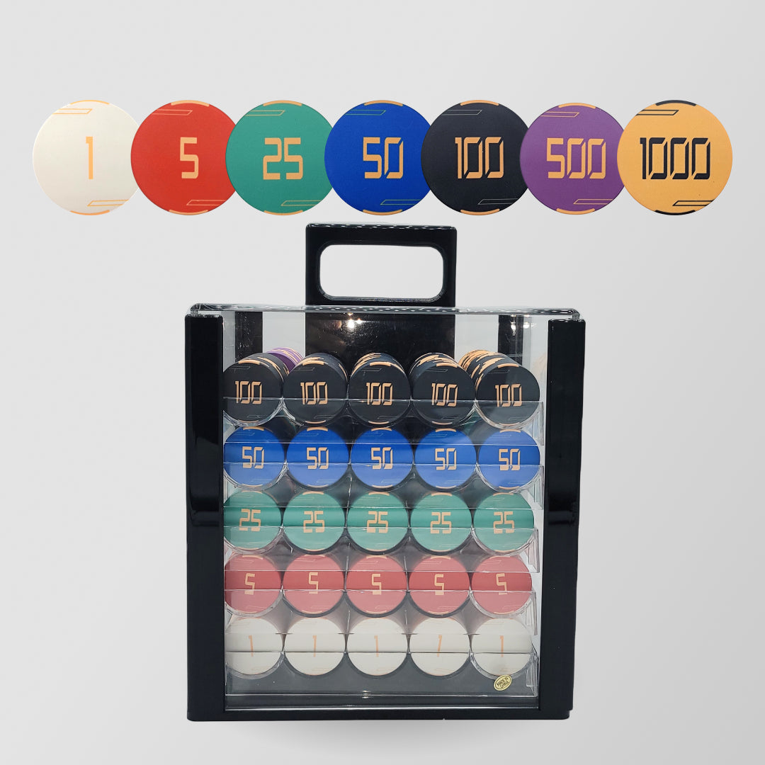 1000 PCS Golden Club Ceramic Poker Chips Set with Acrylic Case MRCpoker