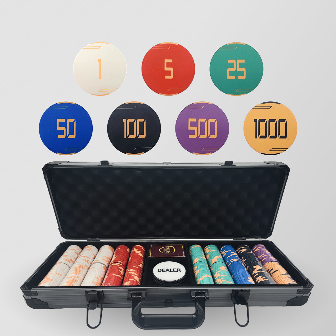500 PCS Golden Club Ceramic Poker Chips Set with Black Aluminum Case MRCpoker