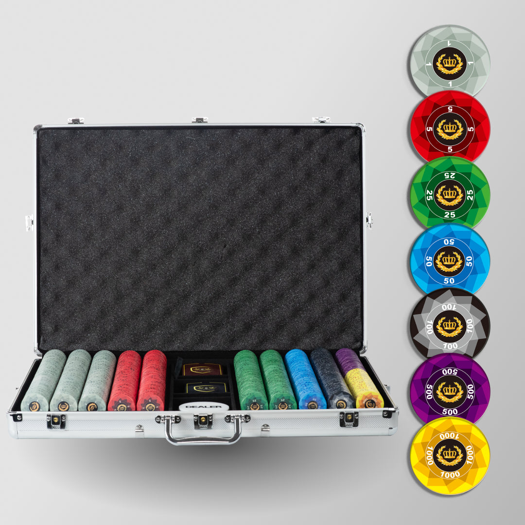 1000 PCS Laurel Crown Ceramic Poker Chips Set with Silver Aluminum Case MRCpoker