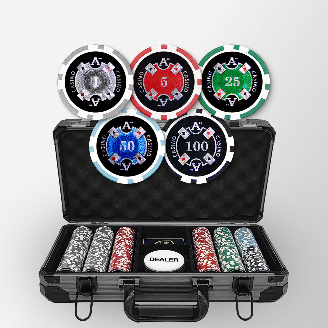 300pcs 14g Laser Graphic Ace Casino Poker Set with Black Aluminum Case MRCpoker
