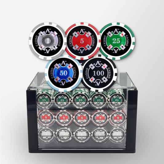 600 PCS 14g Laser Graphic Ace Casino Poker Set with Acrylic Case and High-End Chip Trays