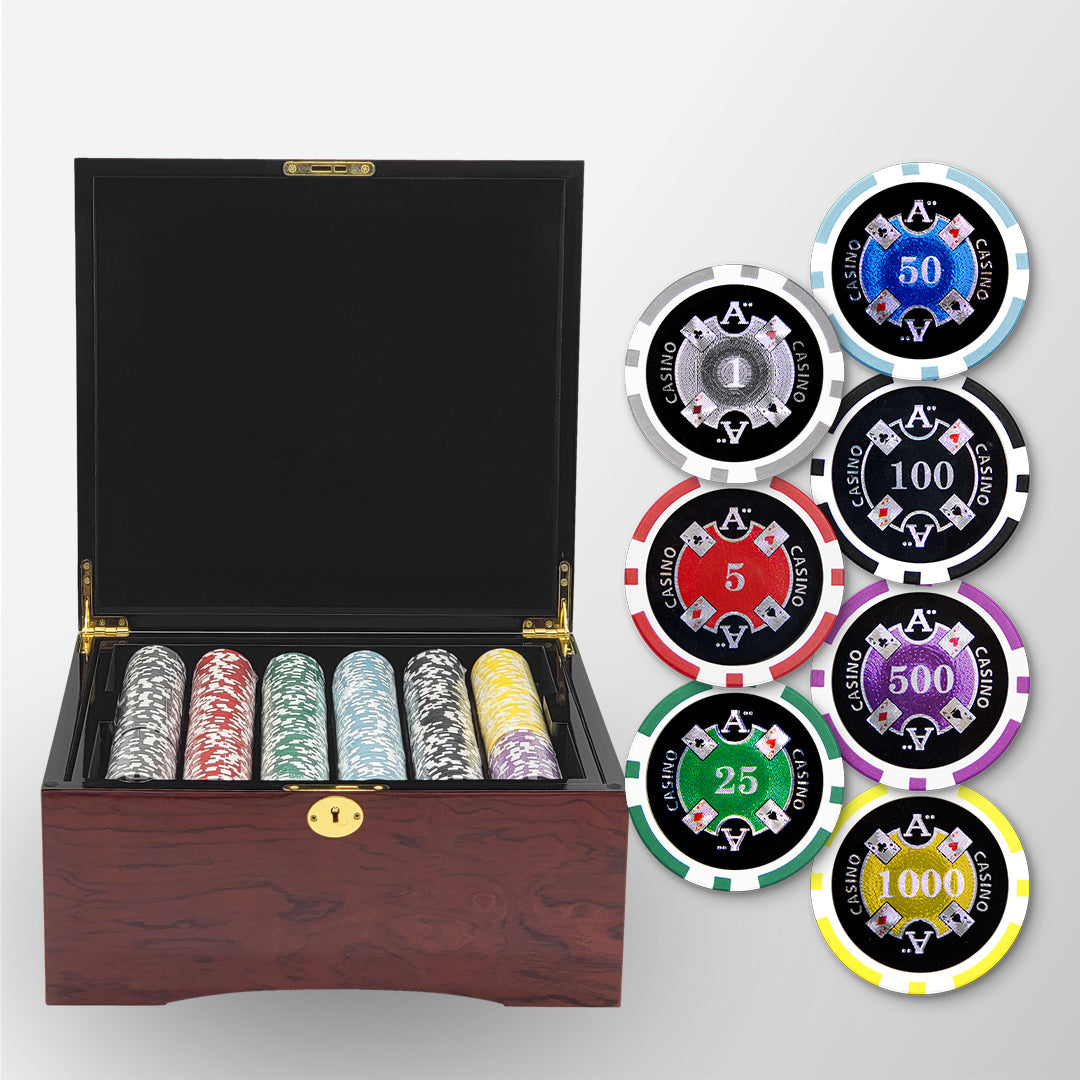 750pcs 14g Laser Graphic Ace Casino Poker Set with Wood Case MRC Poker